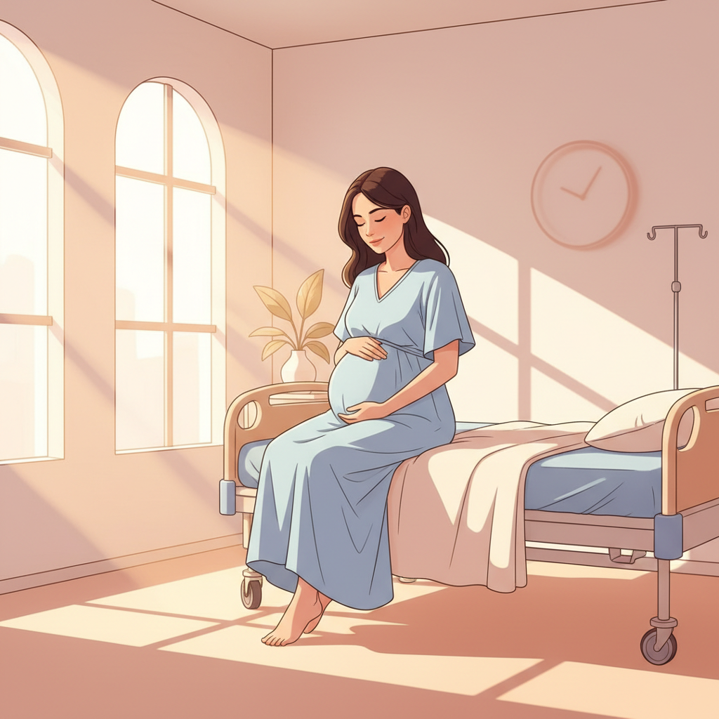Woman in a soft, comfortable labor gown smiling gently during labor