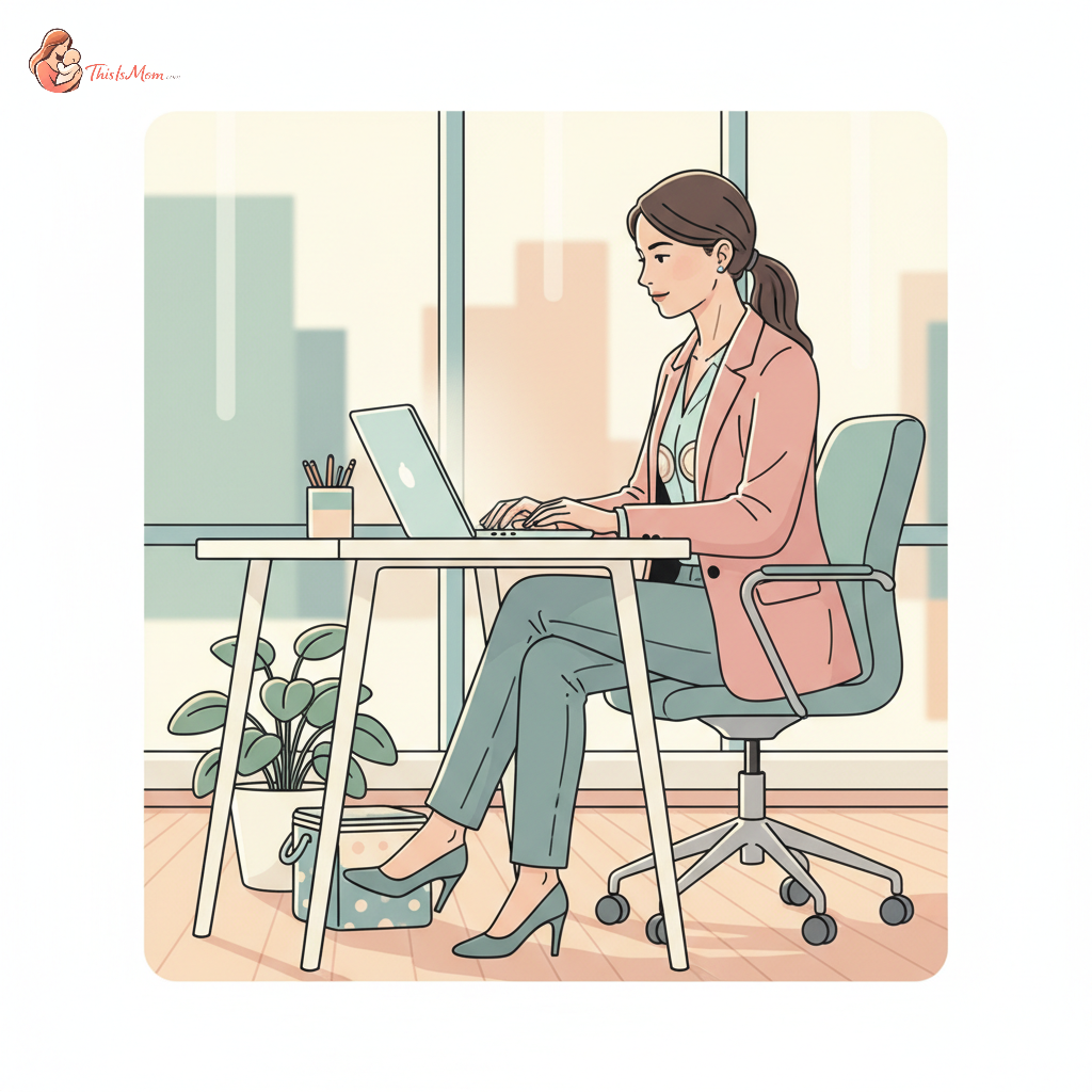 A new mom, professionally dressed, discreetly using a compact breast pump at her office desk, with a laptop open and a small cooler bag nearby.