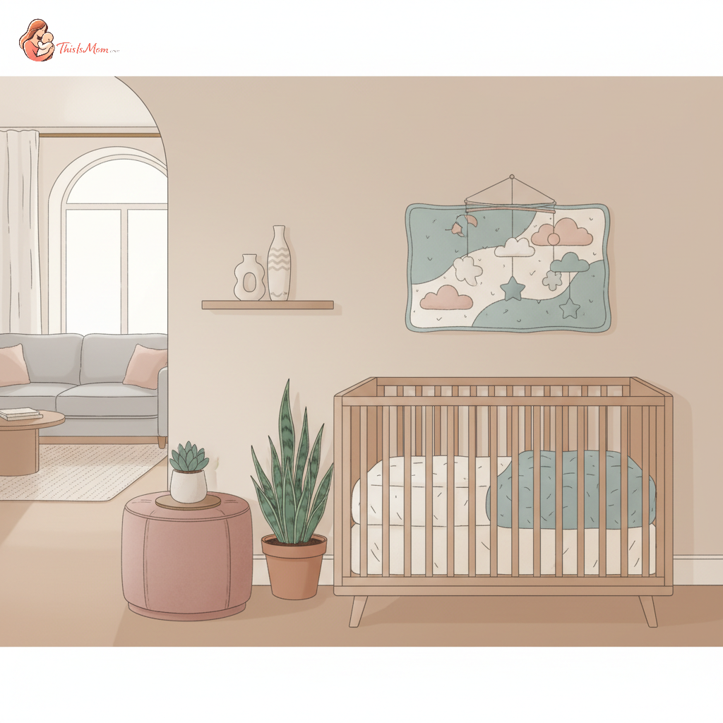 A cozy, compact baby sleep setup in a modern, small apartment living room, featuring a mini crib with a sleeping baby in neutral tones.