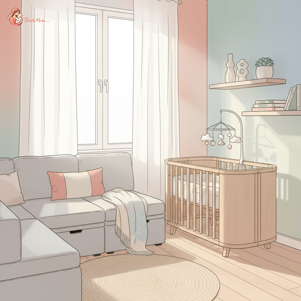 A baby sleeping peacefully in a compact mini-crib nestled in the corner of a modern, well-organized small apartment living room, with soft lighting.