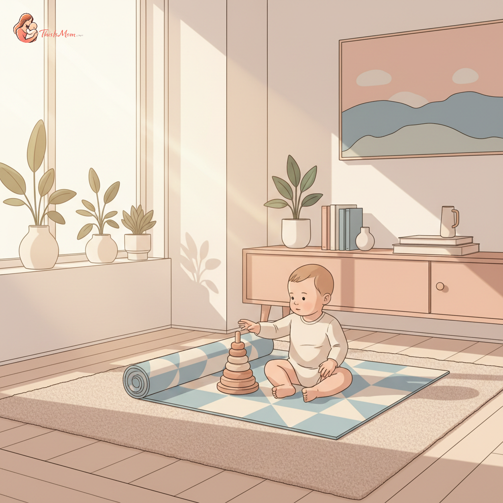 A neutral-toned, foldable compact floor activity mat partially unfolded on a stylish small living room rug, with a baby playfully reaching for a soft toy near the mat's edge.