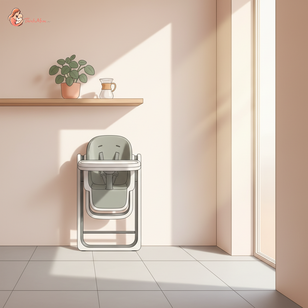 A sleek, foldable high chair neatly tucked away in a corner of a modern, small apartment kitchen, emphasizing its compact size and minimalist design.