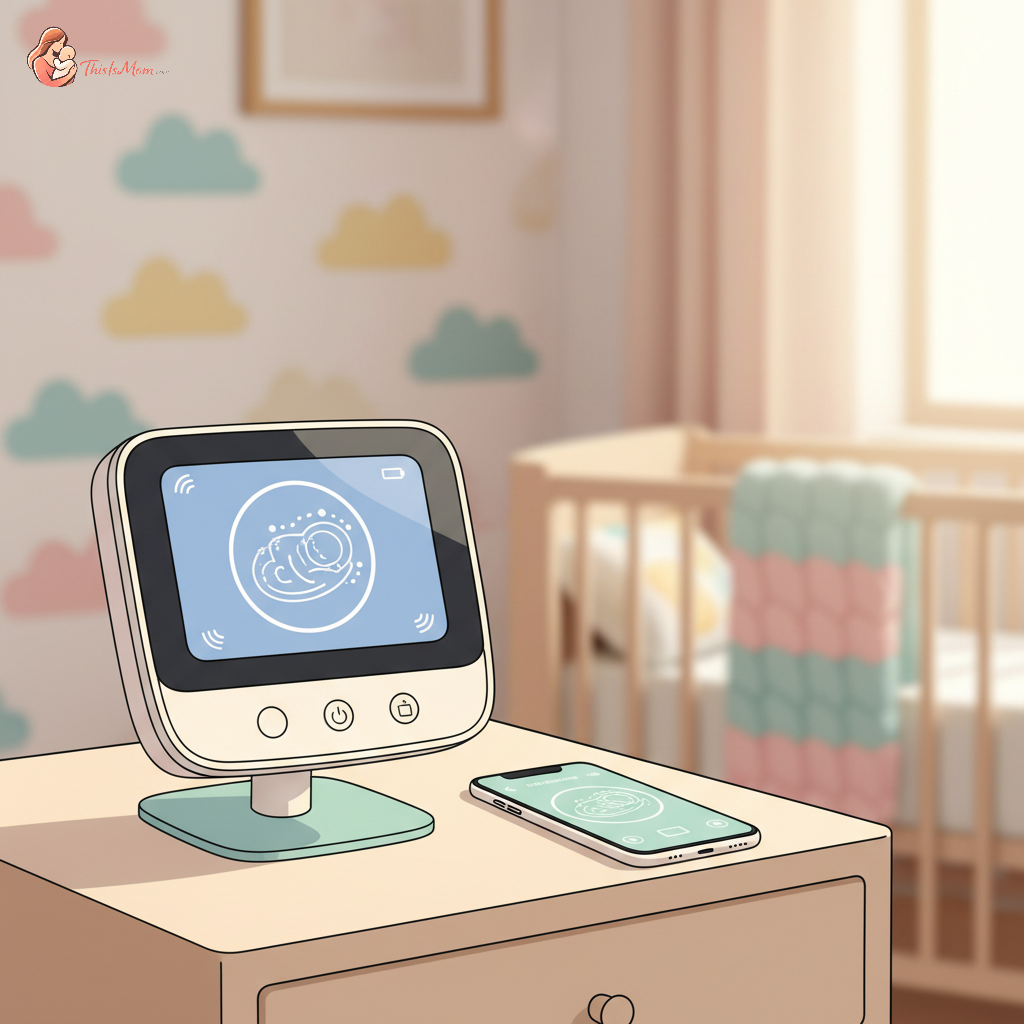Close-up of a baby monitor screen displaying a sleeping baby, with a smartphone showing the monitor's app interface in the background.