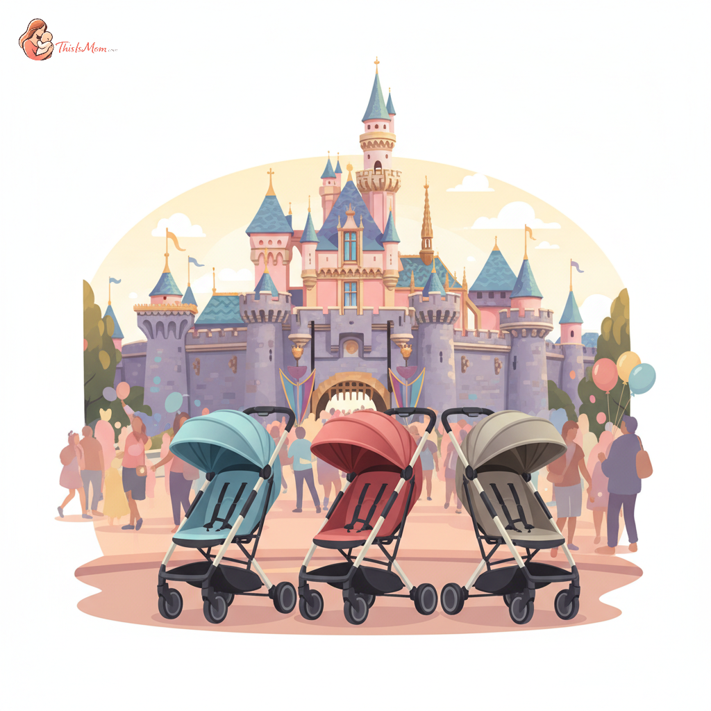 Side-by-side comparison of three lightweight, compact strollers in a vibrant Disneyland setting, with Sleeping Beauty Castle in the background. One stroller is blue, one is red, and one is gray. A family with two young children is walking alongside them.