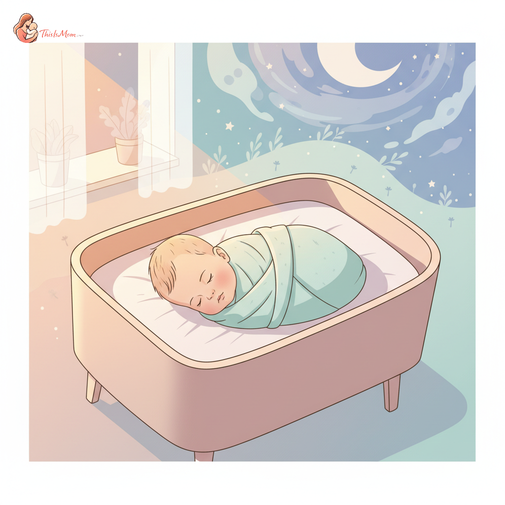 A peaceful baby sleeping soundly in a crib with a soft blanket, half in shadow, suggesting the contrast between home and daycare sleep environments.
