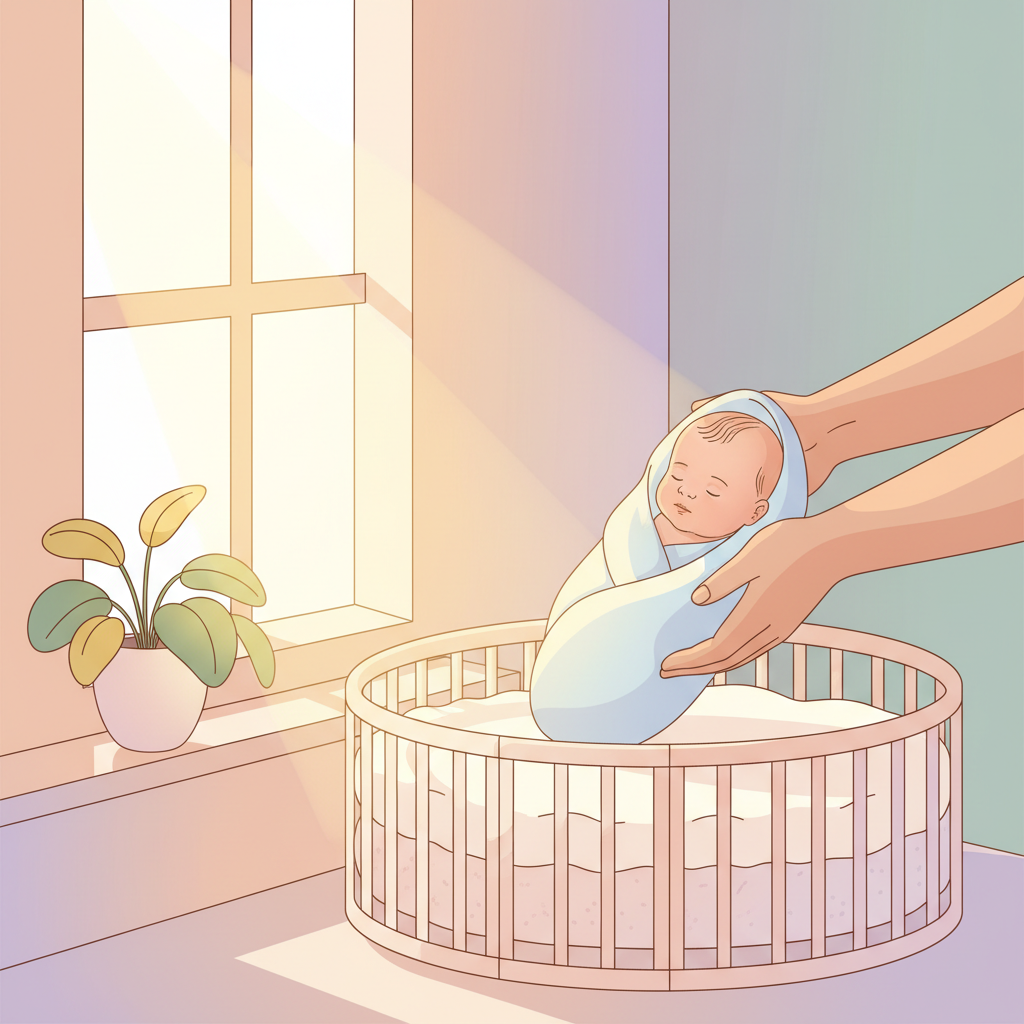 A parent gently placing their sleeping baby into a crib, with soft light illuminating the room, symbolizing the transition from contact napping to independent sleep for daycare.