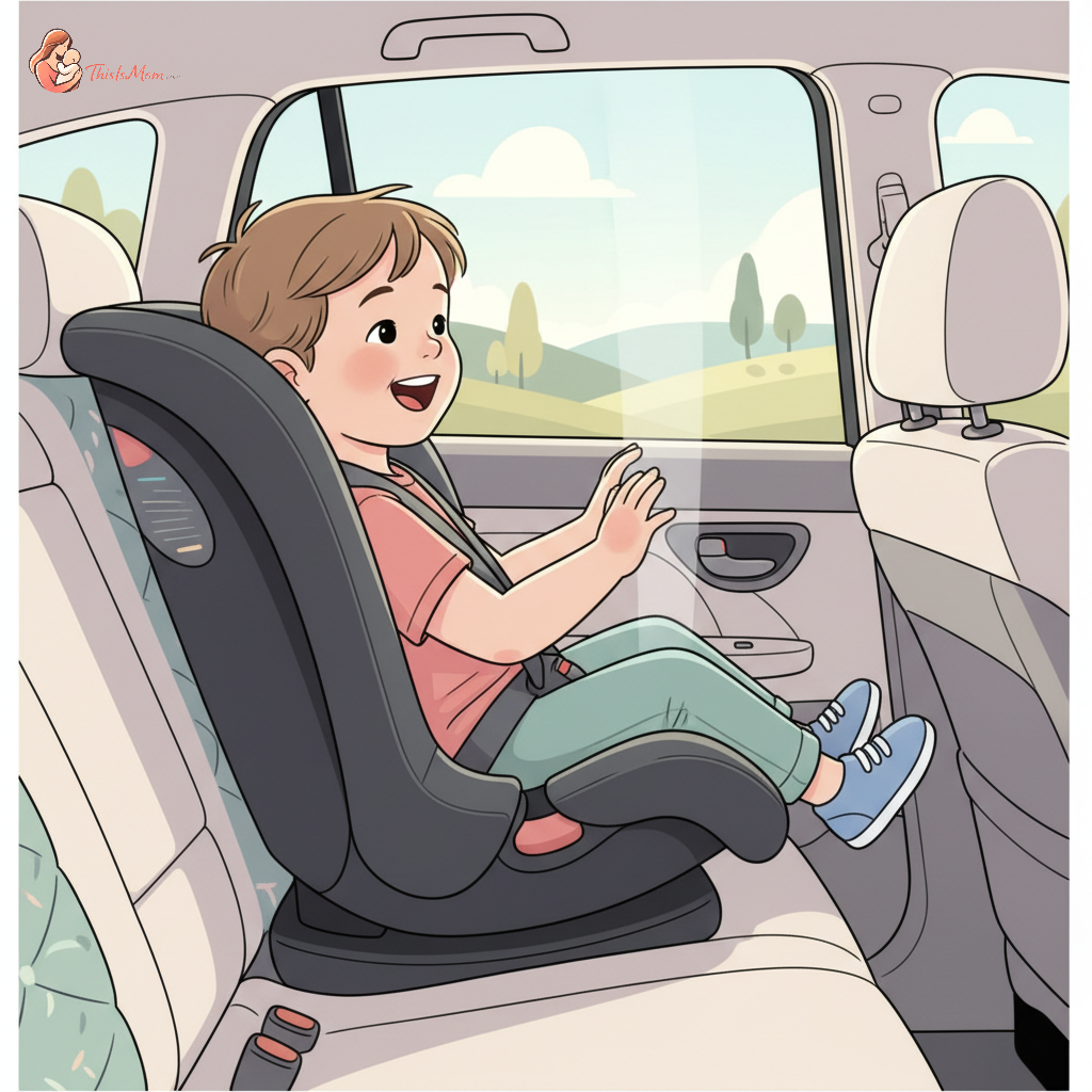 A smiling tall toddler sitting comfortably in a rear-facing convertible car seat, looking out the window of a car.