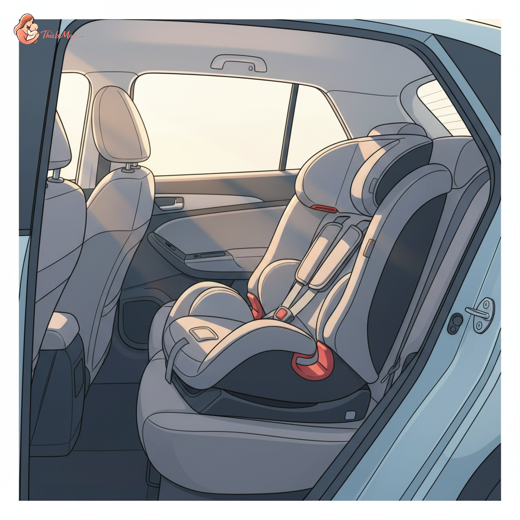 Compact convertible car seat installed safely in the back seat of a small car, with plenty of legroom in the front passenger seat.