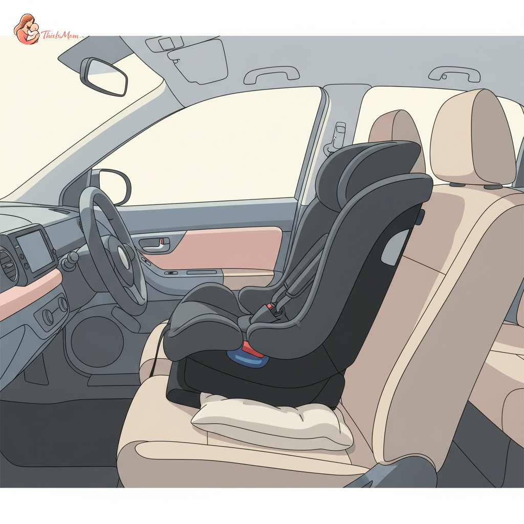Rear-facing convertible car seat securely installed in the back seat of a small, compact sedan, with enough legroom visible in the front passenger seat.
