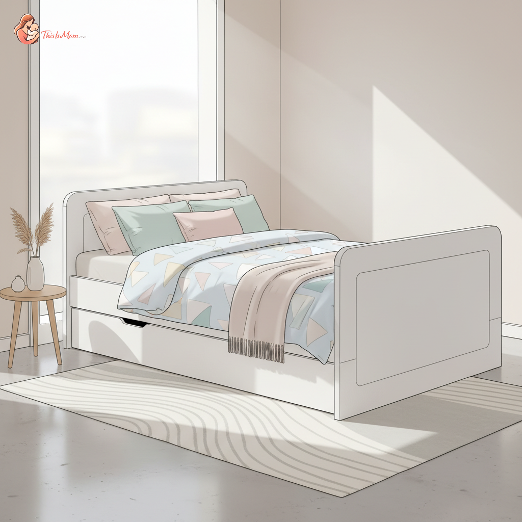 Modern white convertible crib with a storage drawer beneath, transitioning into a full-sized bed with a child's bedding in a brightly lit room