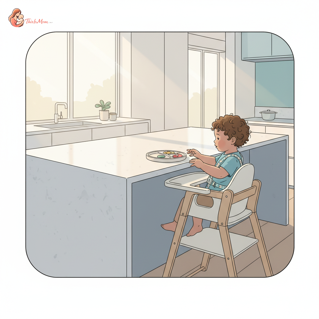 A compact convertible high chair neatly tucked under a modern kitchen island, with a toddler happily eating at the counter. The kitchen is clean and well-organized, demonstrating efficient use of space.