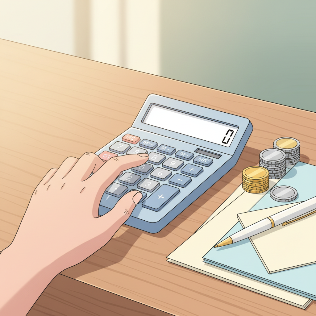 A close-up shot of a calculator with numbers and a pen on a desk beside some financial documents, symbolizing financial planning and savings. The atmosphere is calm and focused.