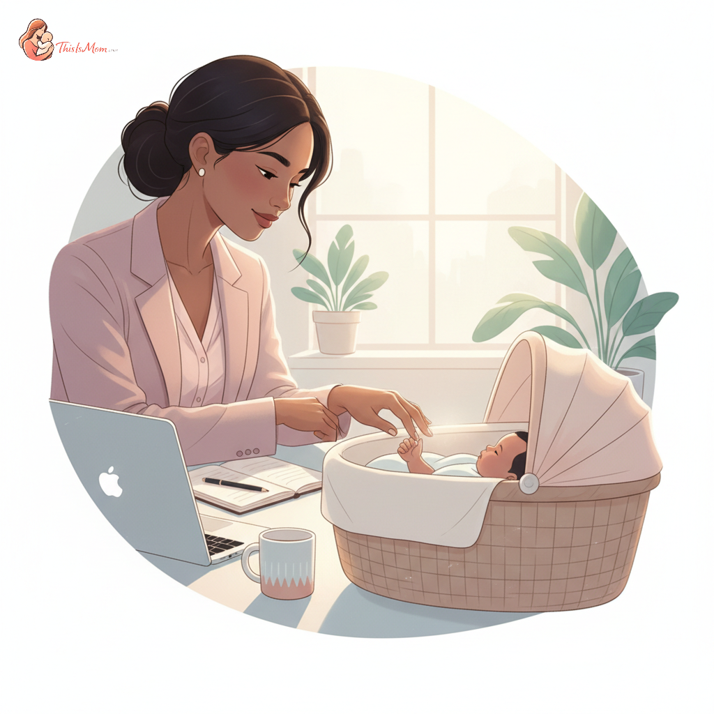 A diverse working mother looking thoughtfully at her computer screen while her baby sleeps peacefully in a crib or bassinet nearby, symbolizing the balance of career and family.