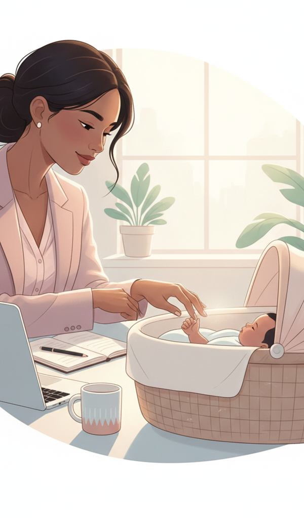 A diverse working mother looking thoughtfully at her computer screen while her baby sleeps peacefully in a crib or bassinet nearby, symbolizing the balance of career and family.