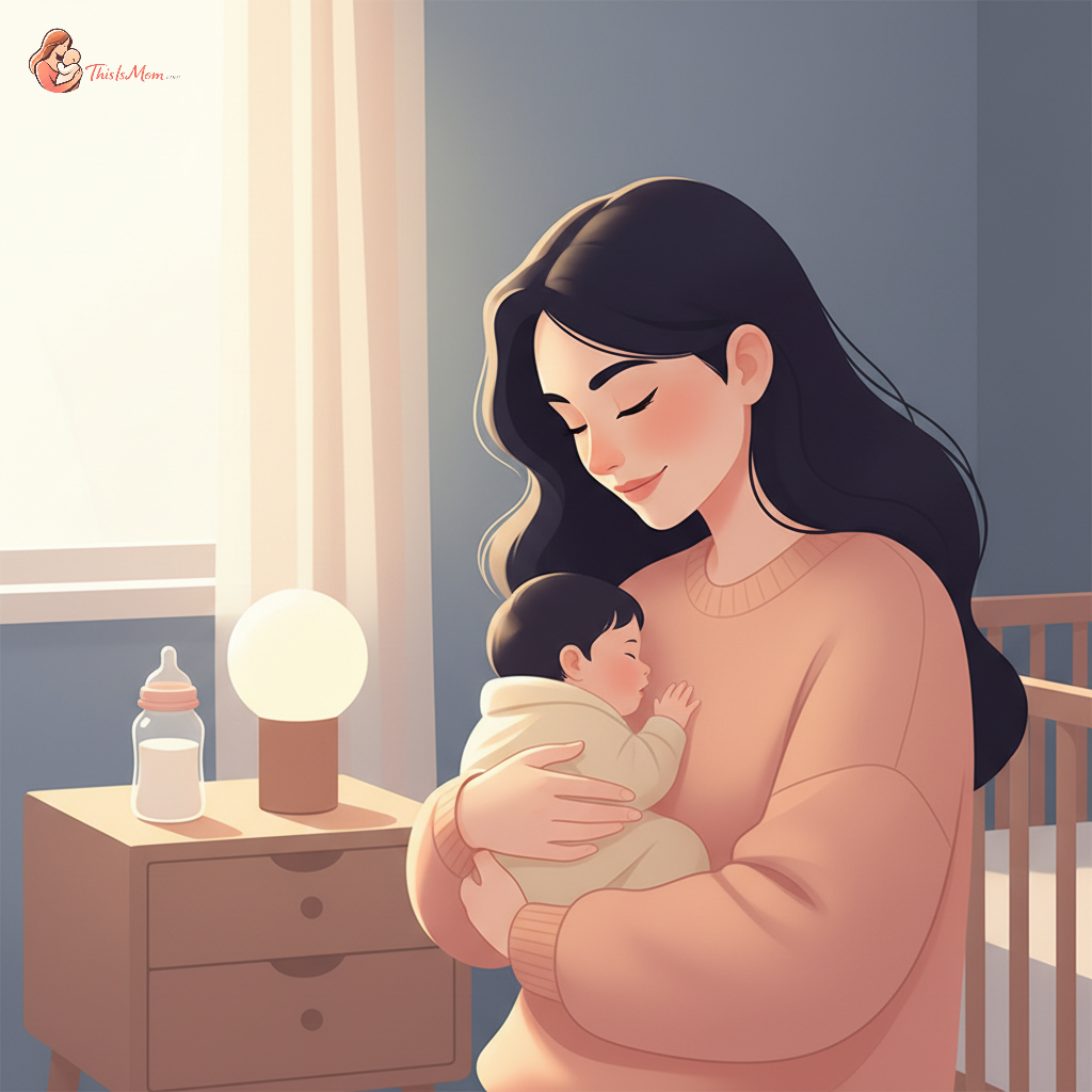 Mother gently holding her baby, looking tired but determined, in a softly lit nursery. A baby bottle is visible in the background, subtly indicating alternative feeding.