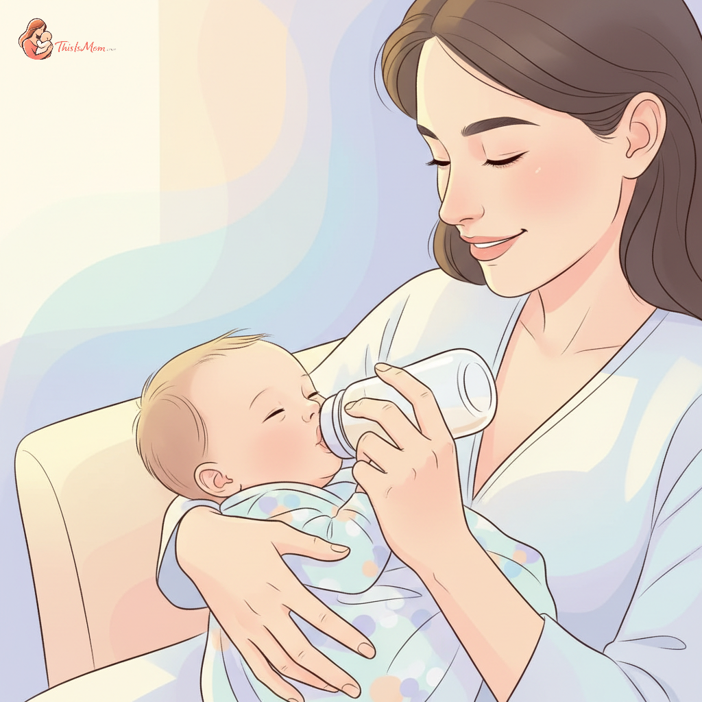 A tired but loving mother gently rocking her baby, who is peacefully drinking from a bottle, in a softly lit nursery.