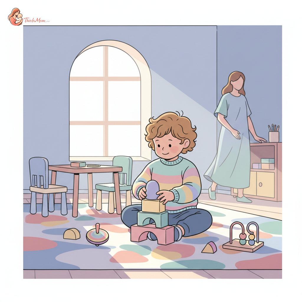 A toddler playing happily with building blocks in a bright, child-friendly room, with an adult observing softly in the background, illustrating a nurturing daycare environment.