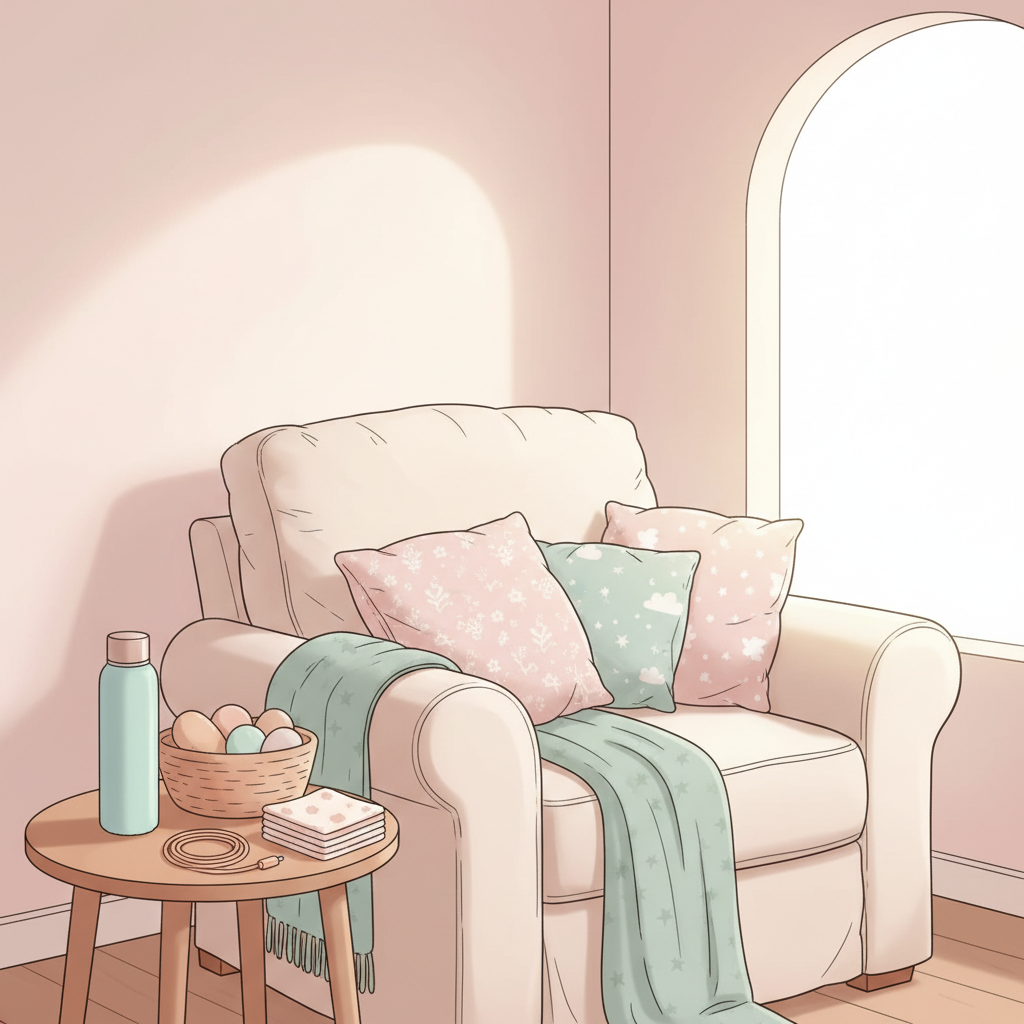 Cozy, well-organized bedside postpartum recovery station with water bottle, snacks, phone charger, and soft blanket.