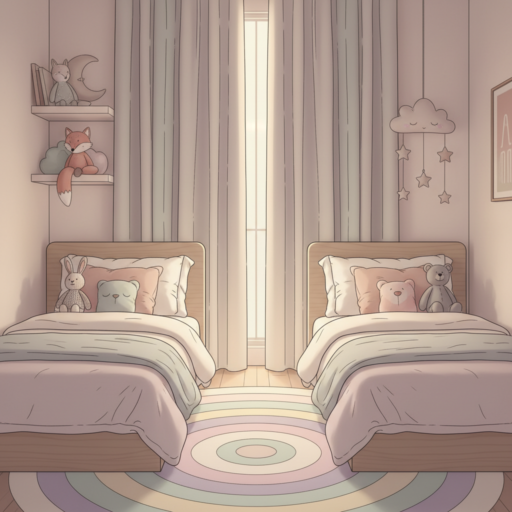 Two toddler beds in a dimly lit room with blackout curtains and soft toys, suggesting a quiet sleep environment.