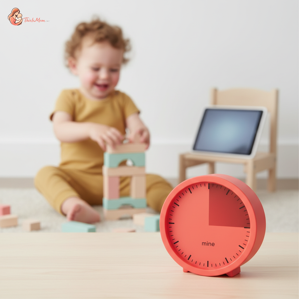A colorful visual timer counting down, with a happy toddler playing in the foreground and a tablet in the background, signifying gentle screen time limits.