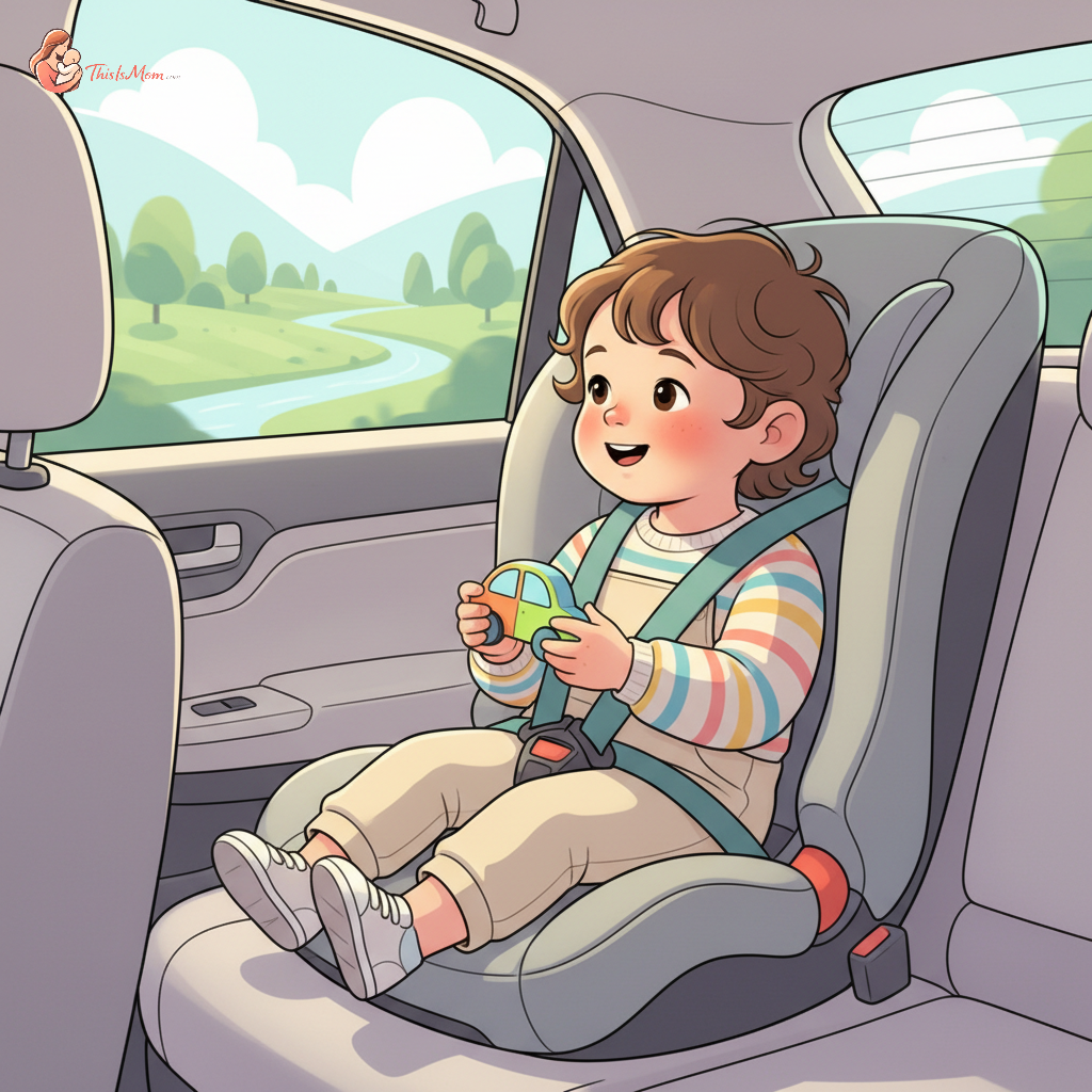 Happy toddler playing with a small, colorful toy in a car seat during a road trip, looking out the window with a smile.