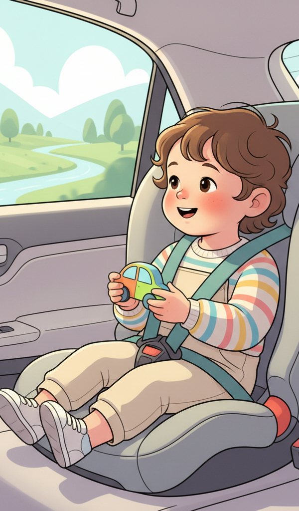 Happy toddler playing with a small, colorful toy in a car seat during a road trip, looking out the window with a smile.