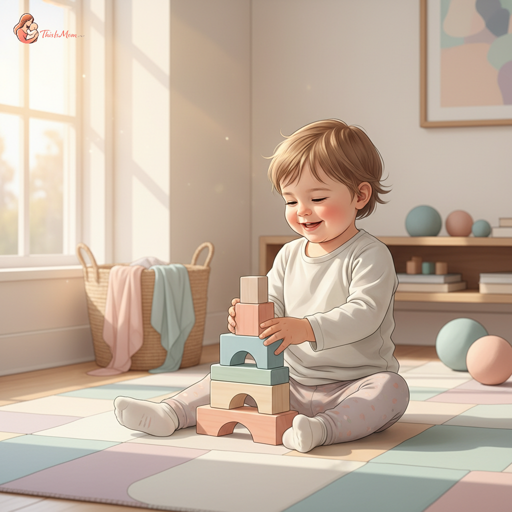 Toddler happily playing with colorful building blocks on a rug, with sunlight streaming in, no screens visible.