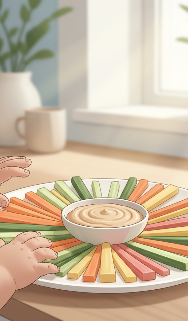 Happy toddler exploring colorful vegetable sticks on a plate with hummus, surrounded by bright, healthy ingredients in a sunlit kitchen, emphasizing fun and engagement.