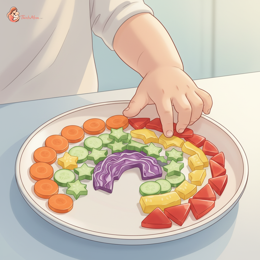 Toddler happily arranging colorful vegetable sticks on a rainbow plate