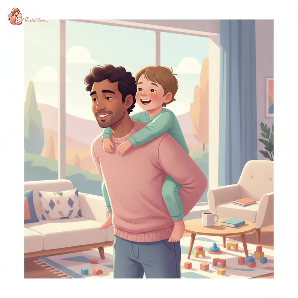 A thoughtful father with a child on his back, looking slightly overwhelmed but loving, set in a modern home environment, illustrating the balance of work and family life.