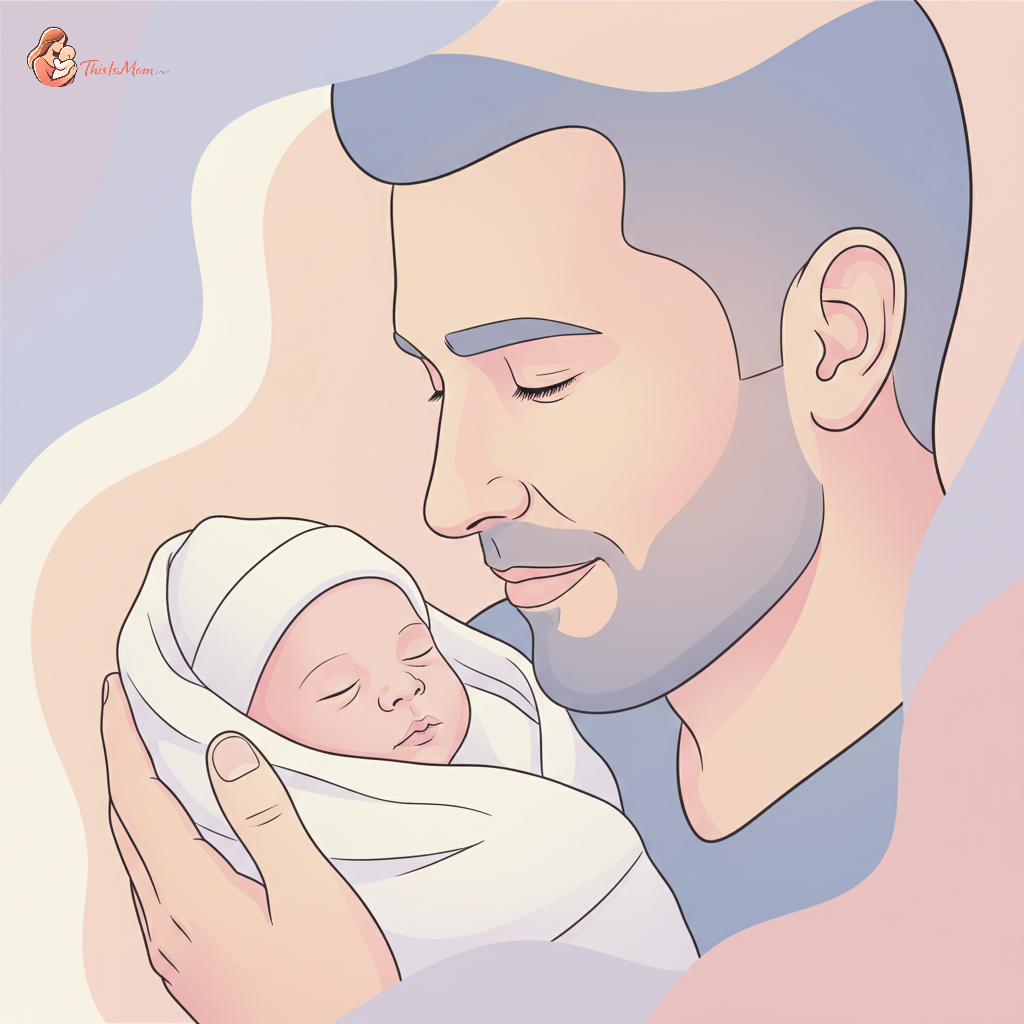 A thoughtful father with a newborn baby, looking out a window with a slightly concerned or tired expression, soft natural light.