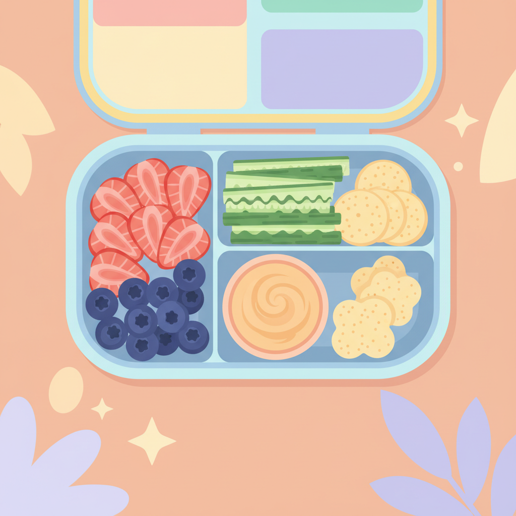 A colorful bento box filled with various dairy and egg-free toddler snacks.