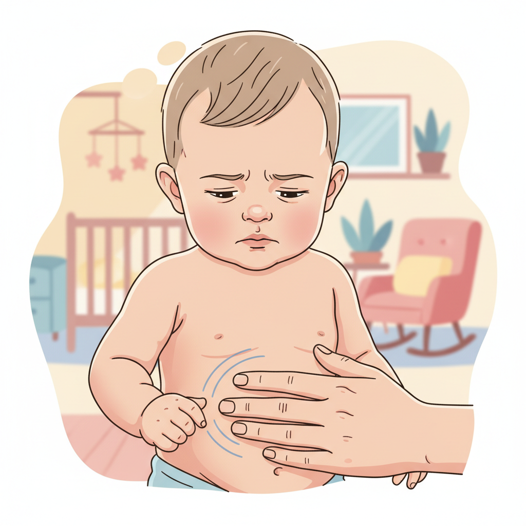 A close-up of a formula-fed baby showing mild discomfort, possibly with a slightly furrowed brow or a small frown, as a parent gently rubs their stomach.