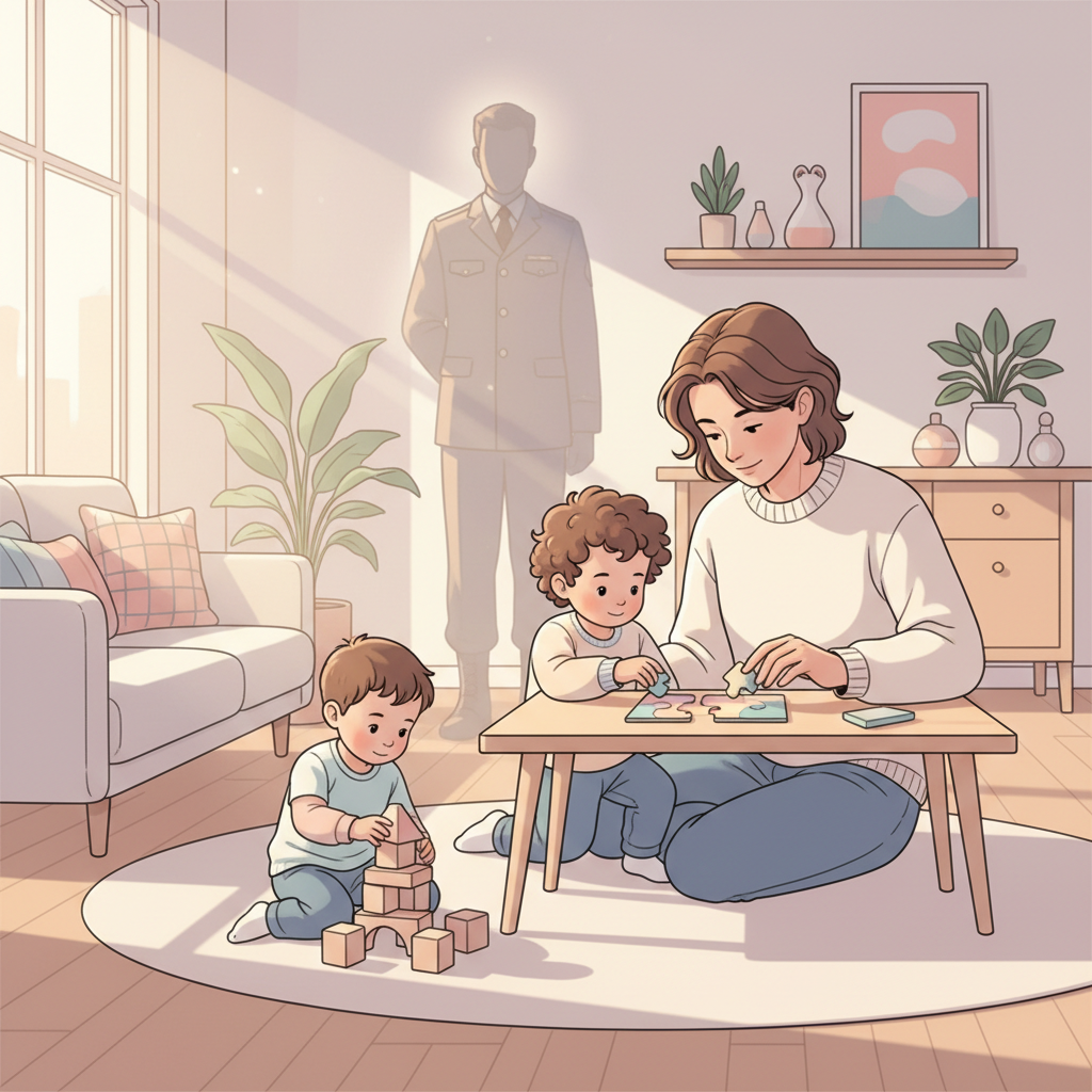 A diverse military family, a parent in uniform, another parent helping a child with homework, and a younger child playing, all in a warm, well-lit home environment, symbolizing family stability and support.