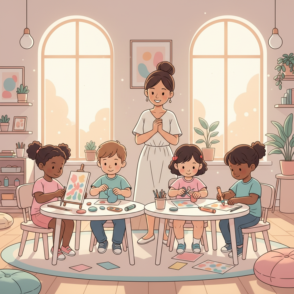 Group of happy children interacting with a teacher in a bright, clean daycare classroom during an activity.