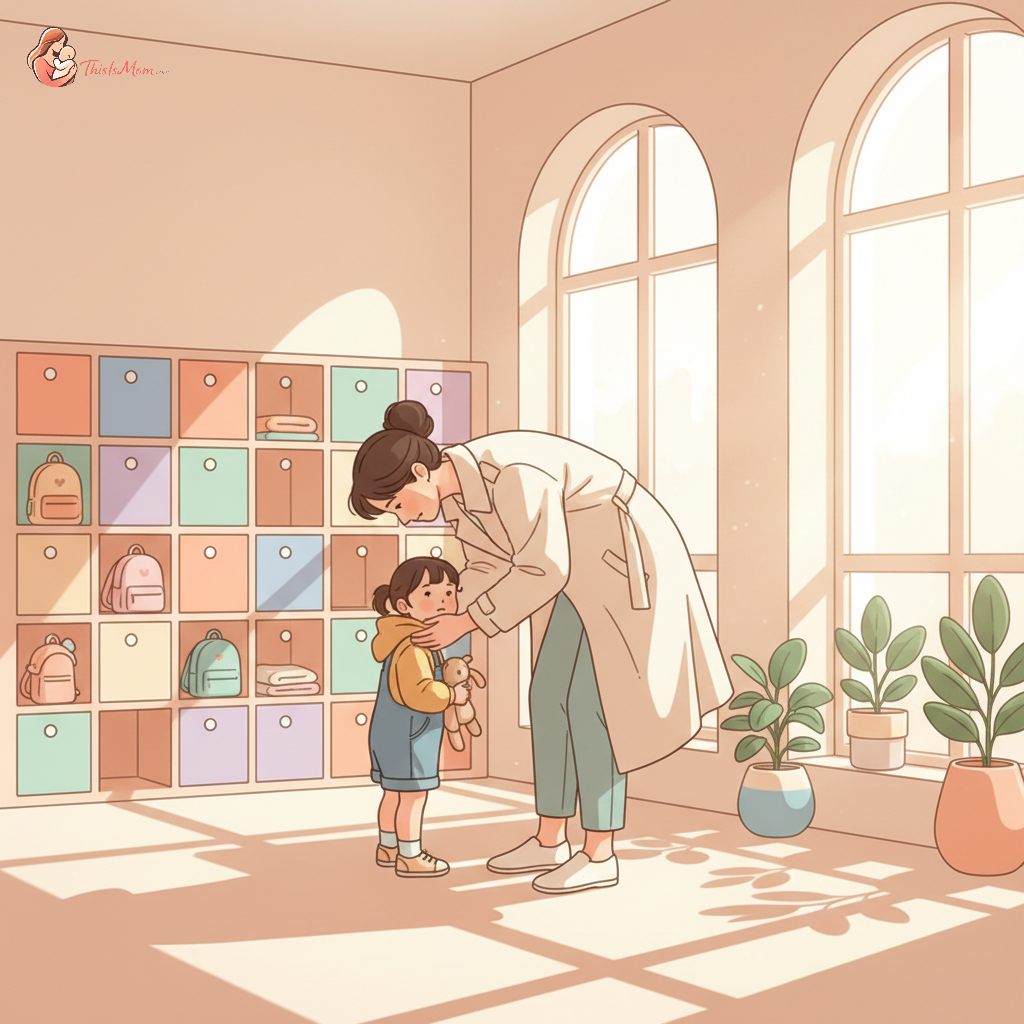 A parent giving their toddler a quick, loving hug and kiss at a daycare entrance, surrounded by colorful cubbies or children's drawings, with the child looking slightly sad but accepting the goodbye.