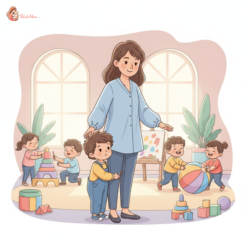 A shy child peeking out from behind a daycare teacher's leg, surrounded by other children playing happily in a colorful, bright daycare setting.