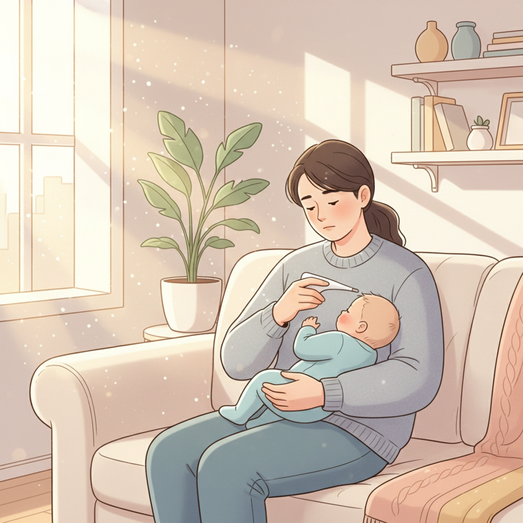 Tired parent holding a thermometer while checking baby's forehead at home