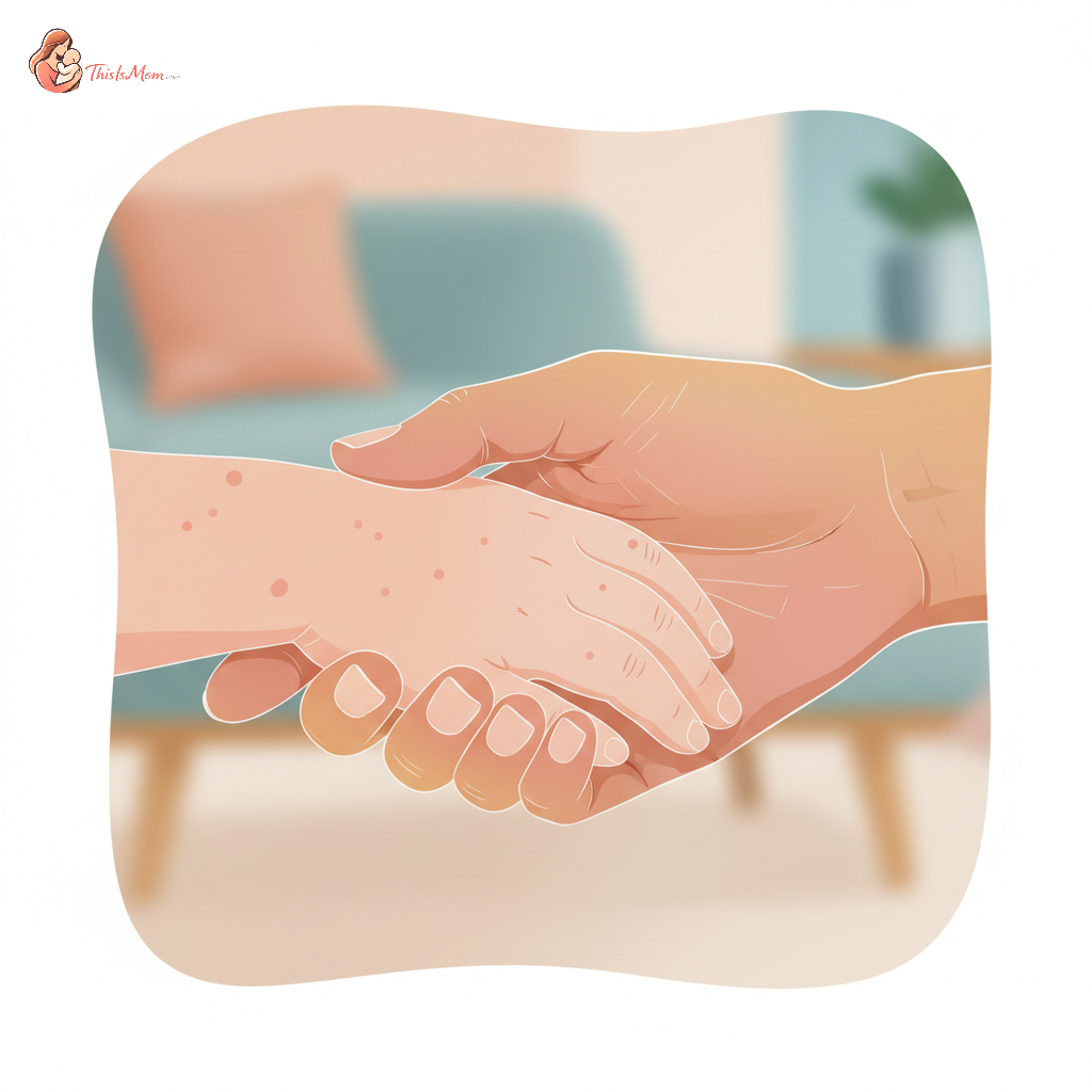 A parent gently checking a child's hand for a rash, with a concerned but reassuring expression, in a brightly lit child's bedroom or living room.