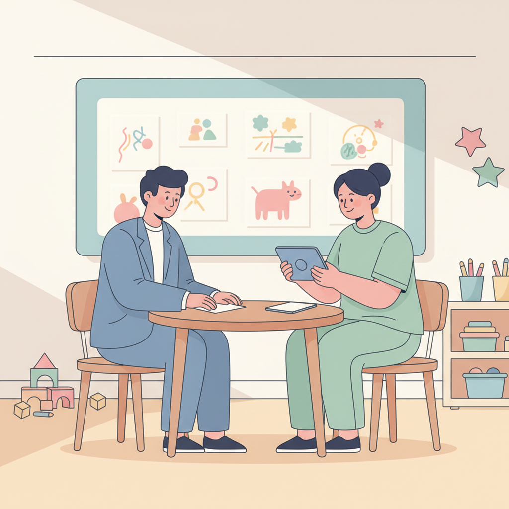 Parent speaking calmly with a daycare teacher about a child's nap schedule, with a child's drawings visible in the background.