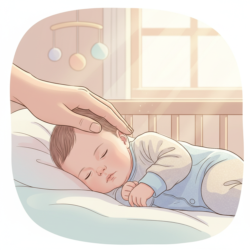 Close-up of a concerned parent gently checking the forehead of their infant, who has a slight fever after recent vaccinations. A digital thermometer is visible in the background, with a soft, comforting lighting.