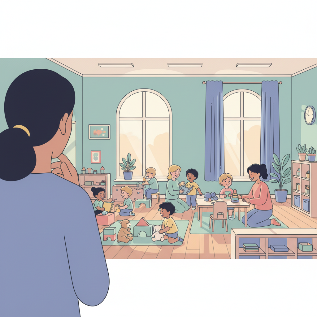 Parent observing interactions between children and caregivers in a brightly lit daycare classroom during a tour, looking for red flags.