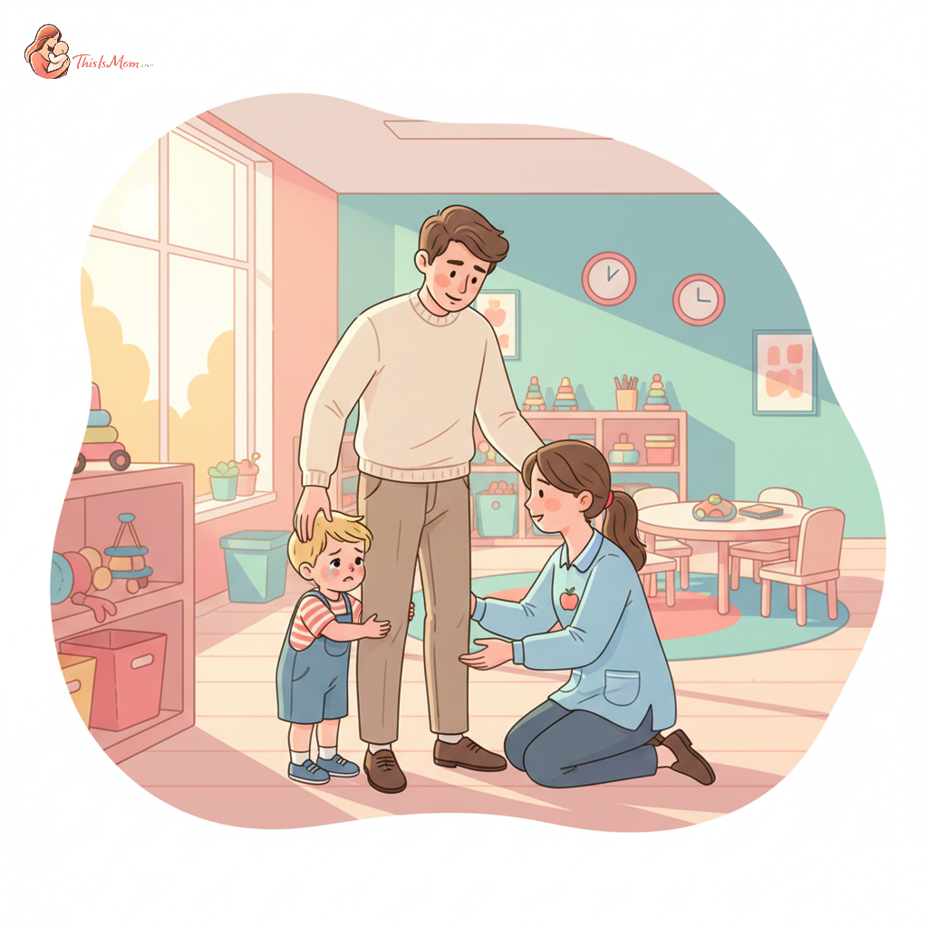 Mother gently holding her crying 2-year-old child at daycare, while a patient caregiver reaches out with a comforting smile, symbolizing separation anxiety.