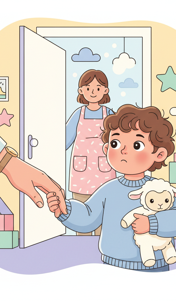 A parent giving a quick, loving hug to their two-year-old child at the entrance of a brightly colored daycare classroom, while the child looks back with a slight hesitation but comfort.