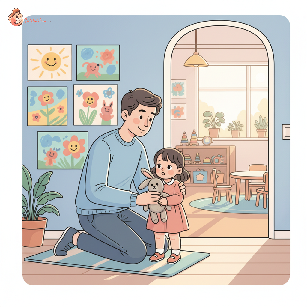 Parent comforting a 3-year-old child at a daycare door, both expressing a mix of sadness and reassurance, with sunlight filtering through a window.