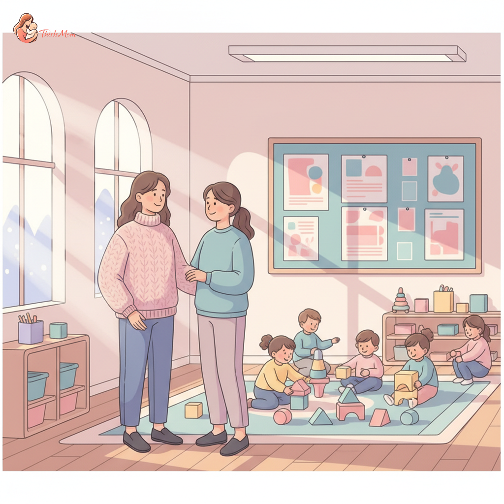 Parent talking to a daycare provider about health policies, surrounded by children playing in a brightly lit, clean daycare room during winter