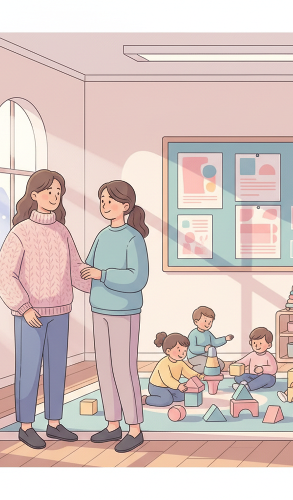 Parent talking to a daycare provider about health policies, surrounded by children playing in a brightly lit, clean daycare room during winter