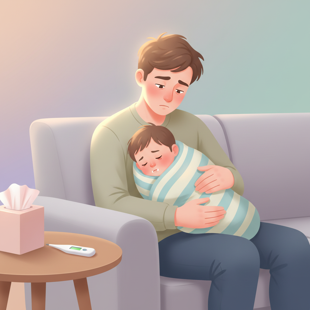 Stressed parent comforting a sick 1-year-old child at home, with a thermometer nearby