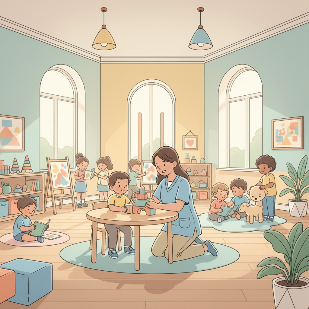 Close-up of a dedicated daycare teacher warmly interacting with a small group of attentive children during a craft activity.