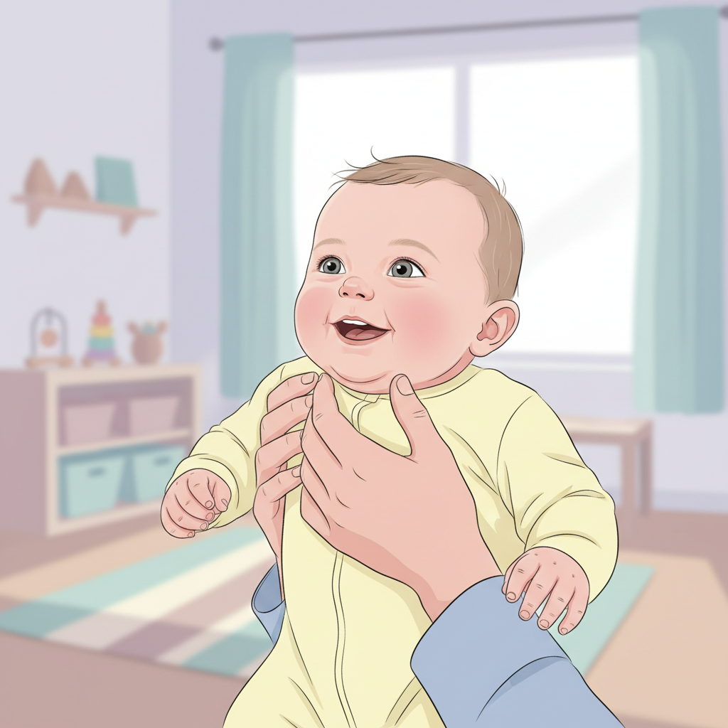 Close-up of a nurturing daycare worker gently holding a smiling infant, soft focus background